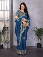 Vastranavya Blue Embroidery Work Shimmer Chiffon Saree with Unstitched Blouse | Grocsy