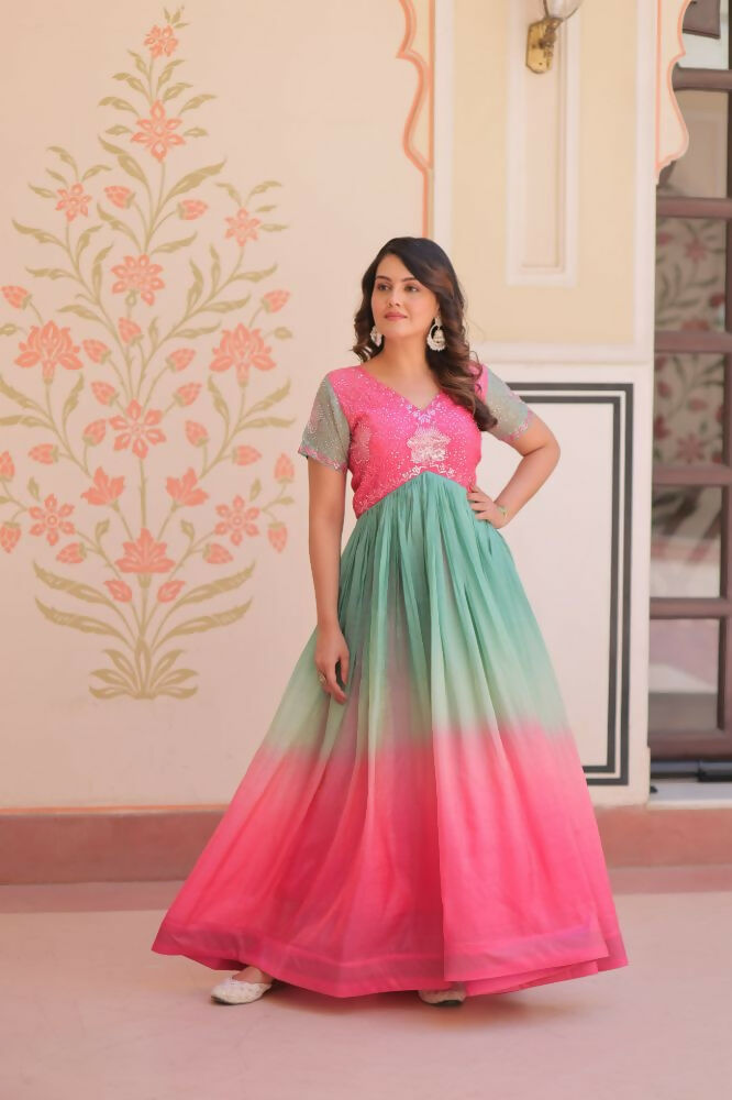 Vastranavya Pink Gold Crush Padding With Beads Embroidered Work Gown | Grocsy