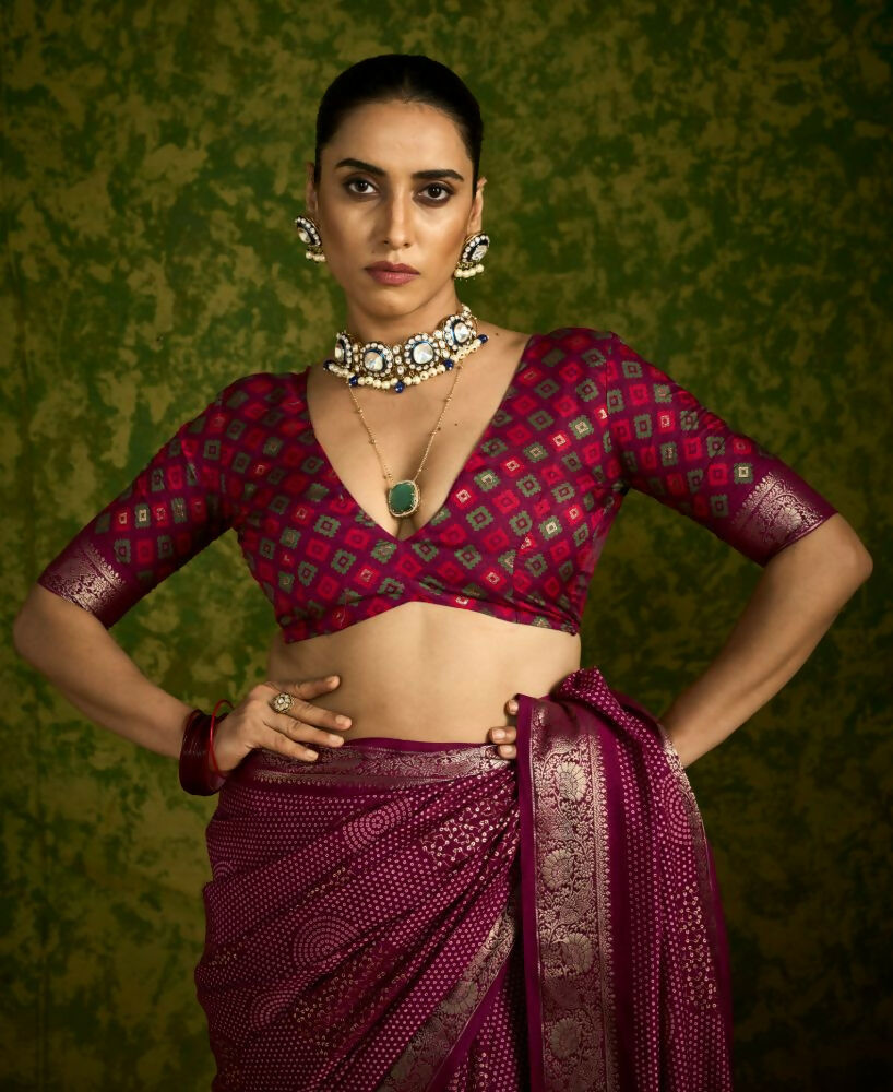 Joban Fashion Maroon Velvet Tussar Silk with Foil Print Saree | Grocsy