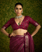 Joban Fashion Maroon Velvet Tussar Silk with Foil Print Saree | Grocsy