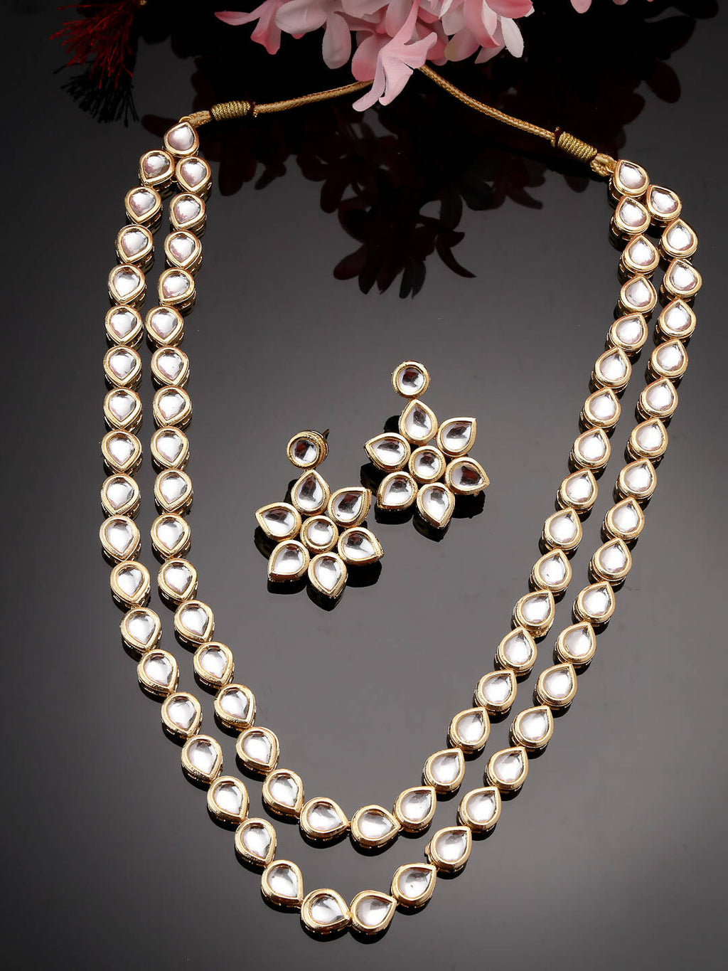NVR Women's Gold-Polished Kundan 2 Layered Handcrafted Jewellery Sets With Drop Earrings | Grocsy