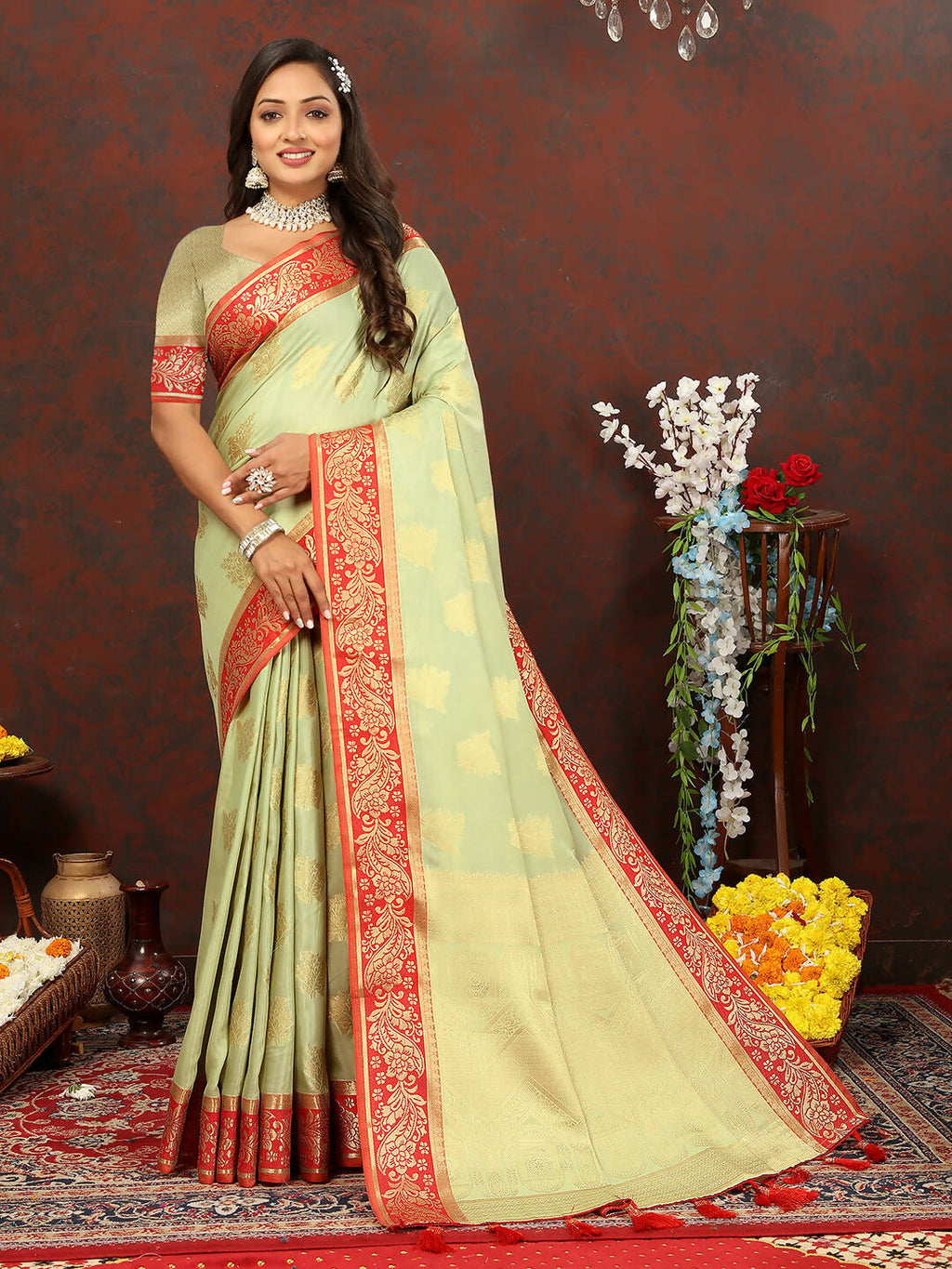 Lorenvalley Fashion Seagreen Cotton Woven Design with Zari Weaving Design Saree | Grocsy