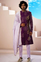 Purple Elegance Sherwani With Zardosi And Gold Embellishments by Hilo Design | Grocsy