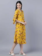 Myshka Women Yellow Floral Printed Flared Sleeves Thread Work Crepe Kurta | Grocsy
