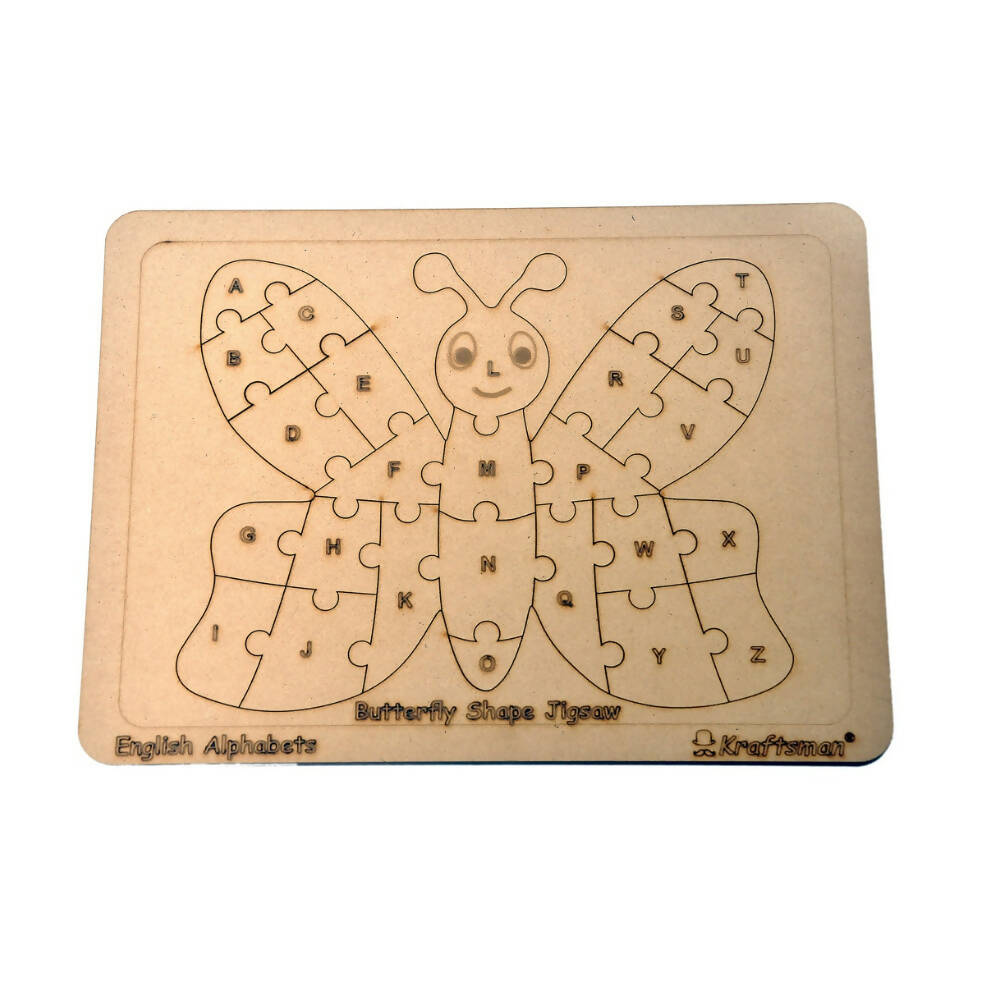 Kraftsman English Alphabets Wooden Jigsaw Puzzles Butterfly Shape Puzzle | Color Kit Included | Grocsy