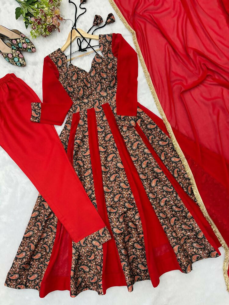 Teeya Creation Women's Red Black Paisley Print Anarkali Gown Set with Dupatta Festive Ethnic Wear | Grocsy