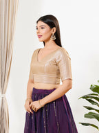 Joban Fashion Antique Gold Brocade Padded Blouse With V Neck Elbow Sleeves | Grocsy