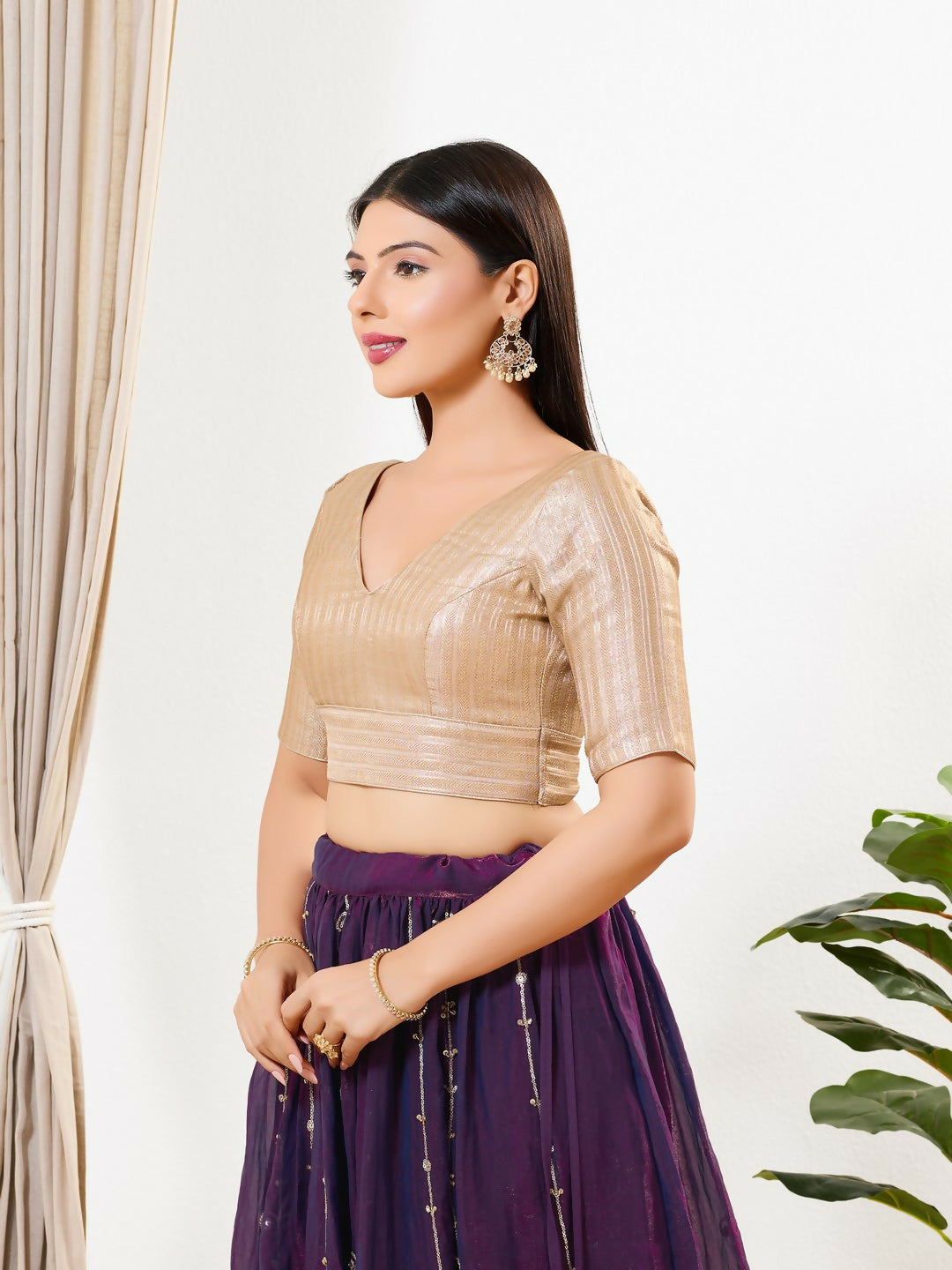 Joban Fashion Antique Gold Brocade Padded Blouse With V Neck Elbow Sleeves | Grocsy
