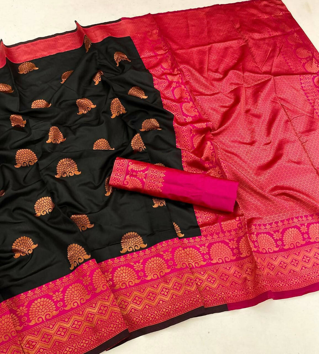 DEIANA'S Beautiful Designer Golden zari Soft Lichi Silk Saree - Black | Grocsy