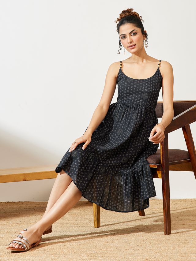 Janasya Navy Blue A-Line Cotton Dress | Grocsy