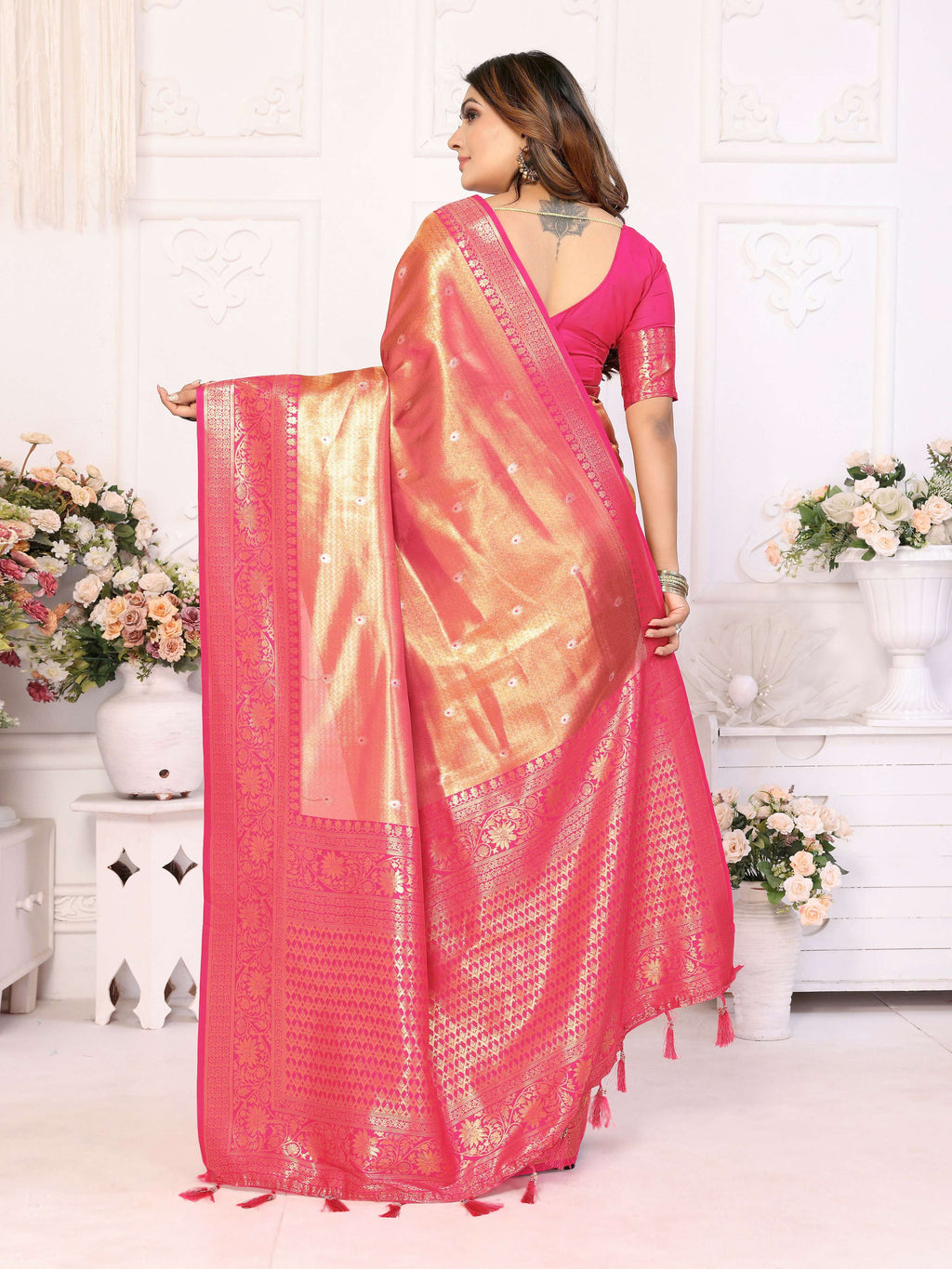 Aastha Fashion Pink Tissue Silk Weaving Saree | Grocsy