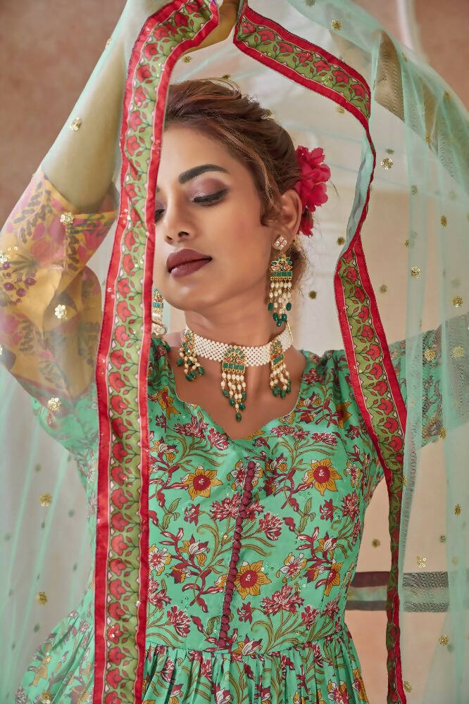 Everywhere Designer Green Dola Silk Gown With Dupatta - Anbazaar | Grocsy