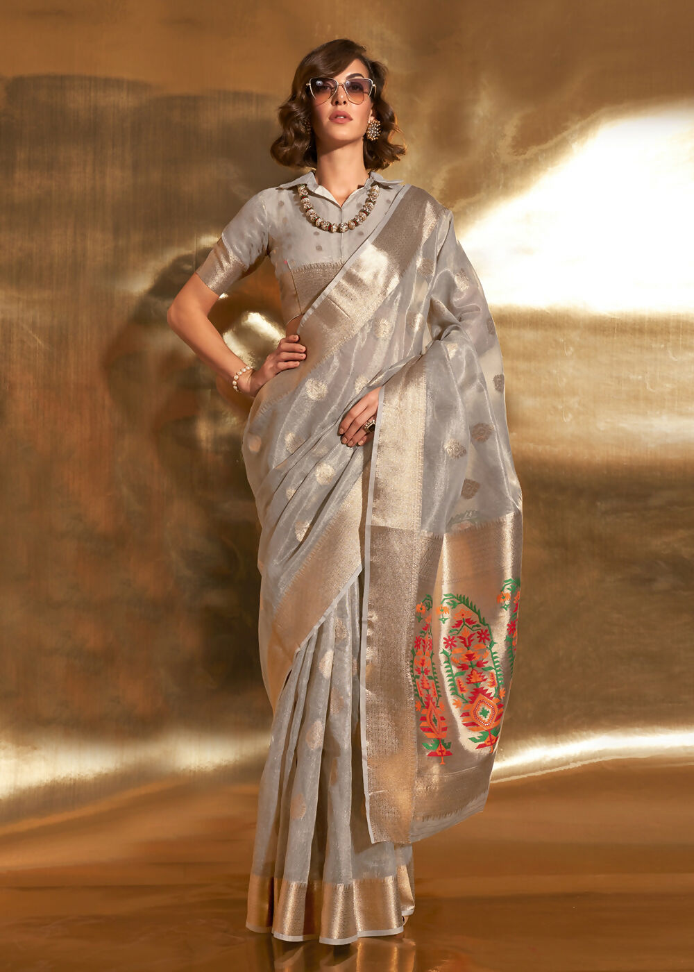 Grey Handwoven Tissue Fabric Festive & Party Style Saree - Emponline | Grocsy