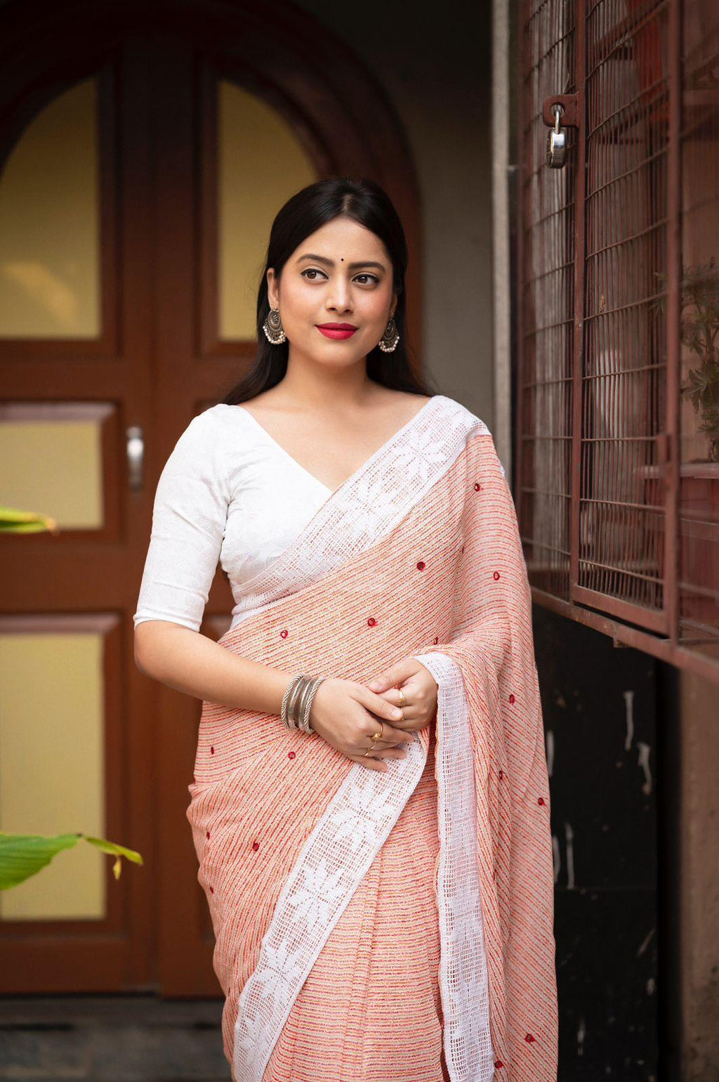 Peach Poly Georgette Ethnic Motifs Saree with Unstitched Blouse - A2M | Grocsy