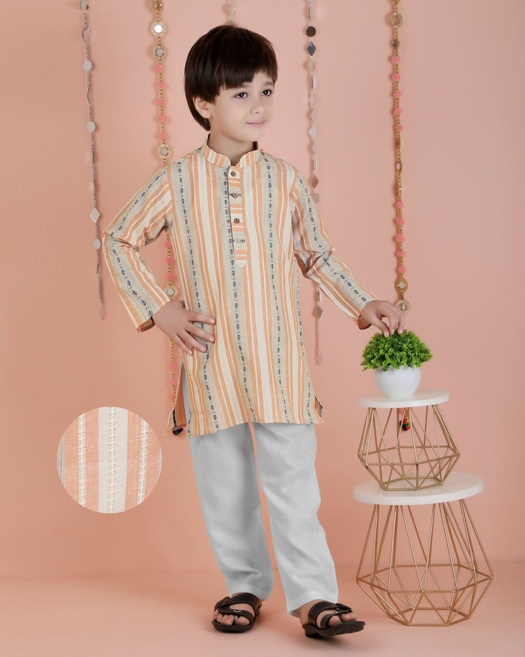 Joban Fashion Kids Island Cotton Full Sleeves Striped Kurta and Pyjama- Orange | Grocsy