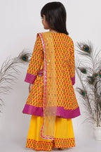 Little Bansi Girls Cotton Kurta frock with booti work,Sharara & Dupatta - Yellow | Grocsy