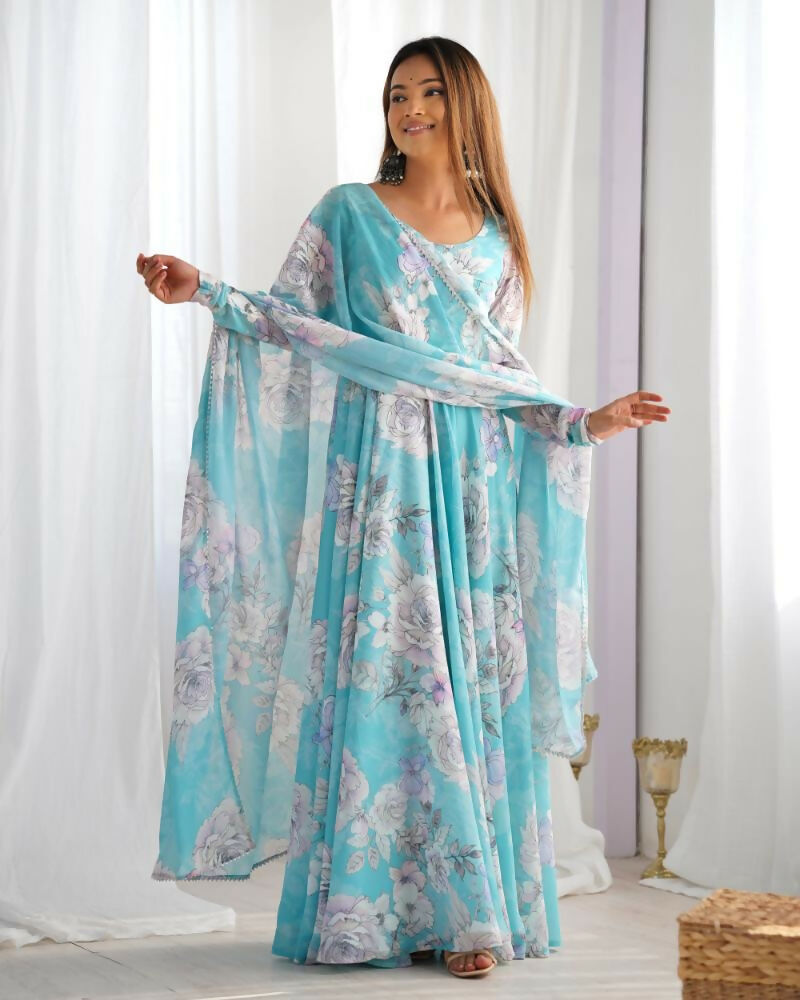 The52 Women's Gorgeous Printed Fox Georgette Fabric Flared Anarkali and Dupatta Set-Sky | Grocsy
