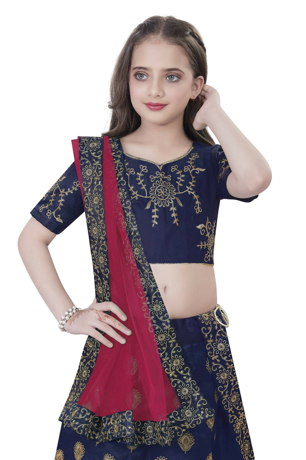 Dwiden Navy Blue Gulab Tafetta Sattin Semi-Stitched Girl's Lehenga Choli | Grocsy