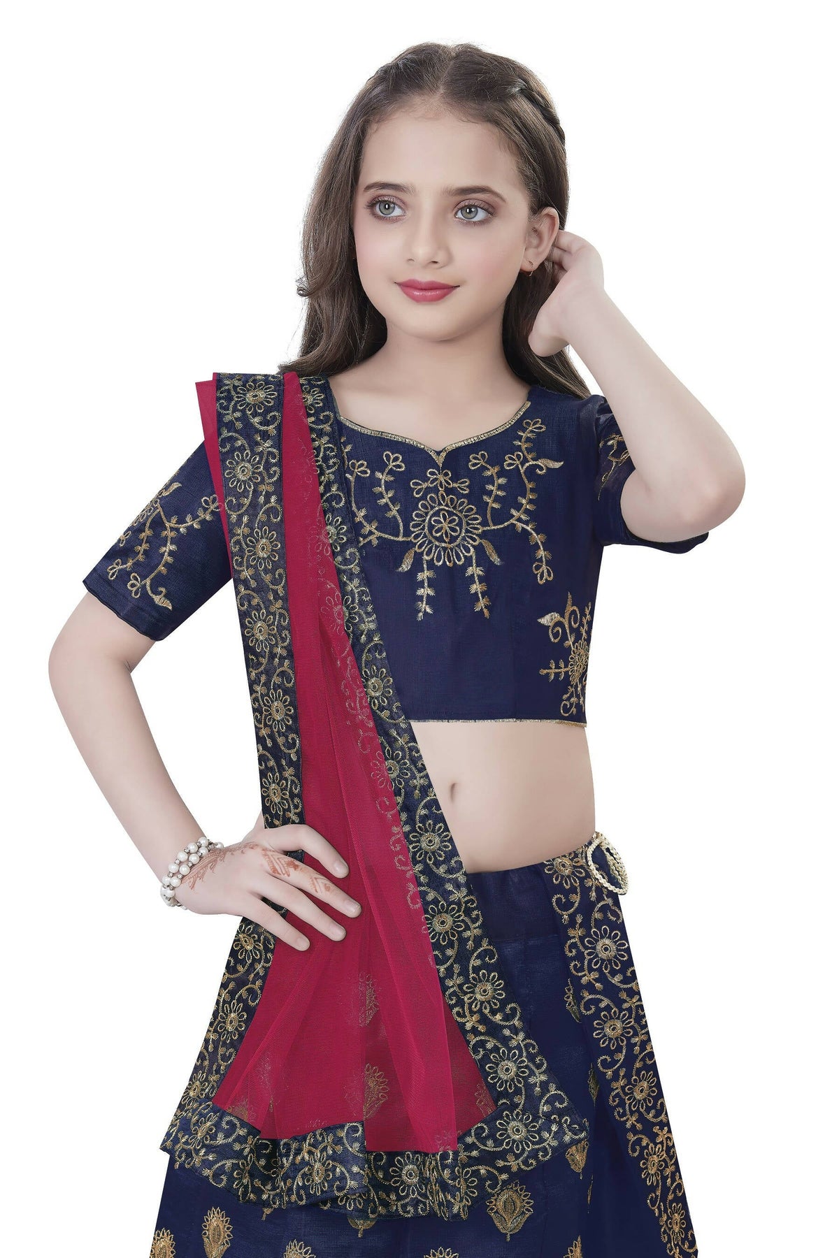 Dwiden Navy Blue Gulab Tafetta Sattin Semi-Stitched Girl's Lehenga Choli | Grocsy