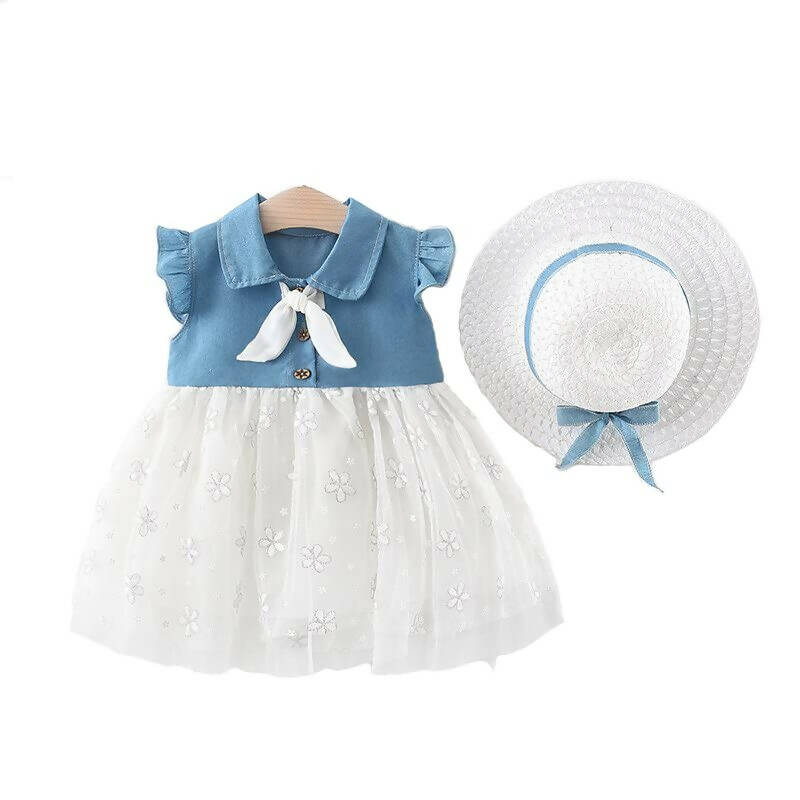 Bold N Elegant Cap Sleeve Denim Embroidered Midi Party Dress Frock with Hat Dress - Floral White | Grocsy
