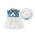 Bold N Elegant Cap Sleeve Denim Embroidered Midi Party Dress Frock with Hat Dress - Floral White | Grocsy