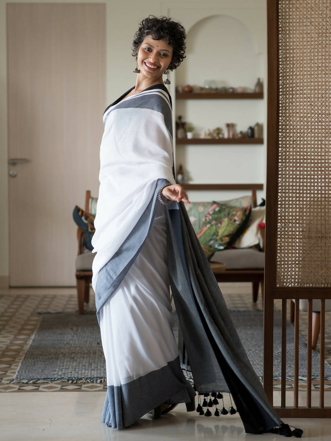 Suta White Woven Design Cotton Blend Saree | Grocsy