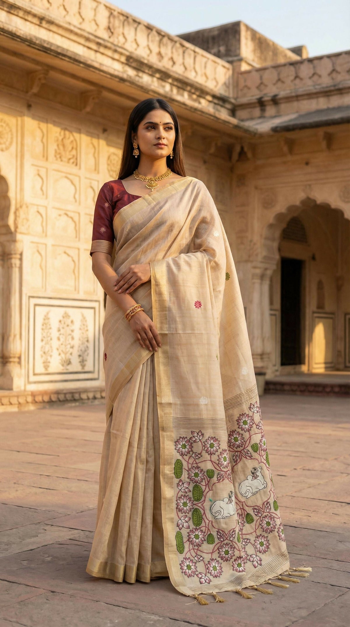 Vastranavya Cream Muga Cotton Meenakari & Azarakh Pallu Saree with Contrast Blouse | Grocsy
