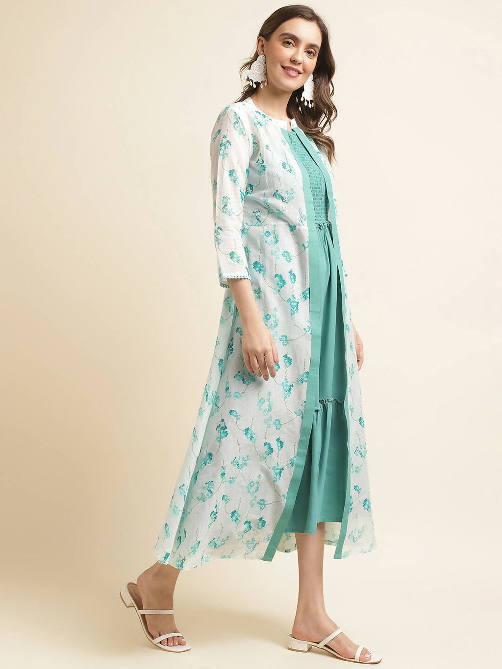 Light Blue Cotton Solid Flared Dress with Printed Shrug - Yukti | Grocsy