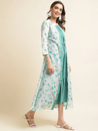 Light Blue Cotton Solid Flared Dress with Printed Shrug - Yukti | Grocsy