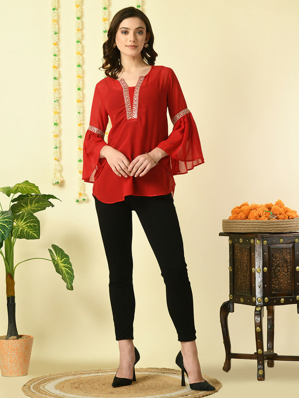 Myshka Women's Red Embroidered Party Fusion Top | Grocsy