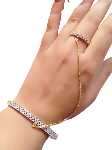 Gold-Polished Alloy American Diamond Hand Harness Bracelet - The Pari | Grocsy