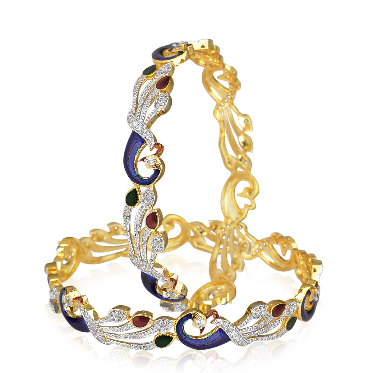 Gold-Polished Alloy Enamel Coated Ad Peacock Bangle Set - The Pari | Grocsy