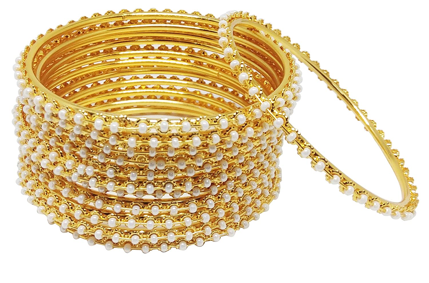Gold-Polished Alloy Set Of 12 Thin White Bead Bangles - The Pari