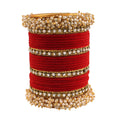 Gold-Polished Alloy Red Velvet Bangle Set With Pearl Bangle - The Pari