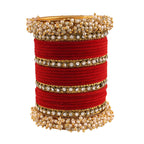 Gold-Polished Alloy Red Velvet Bangle Set With Pearl Bangle - The Pari
