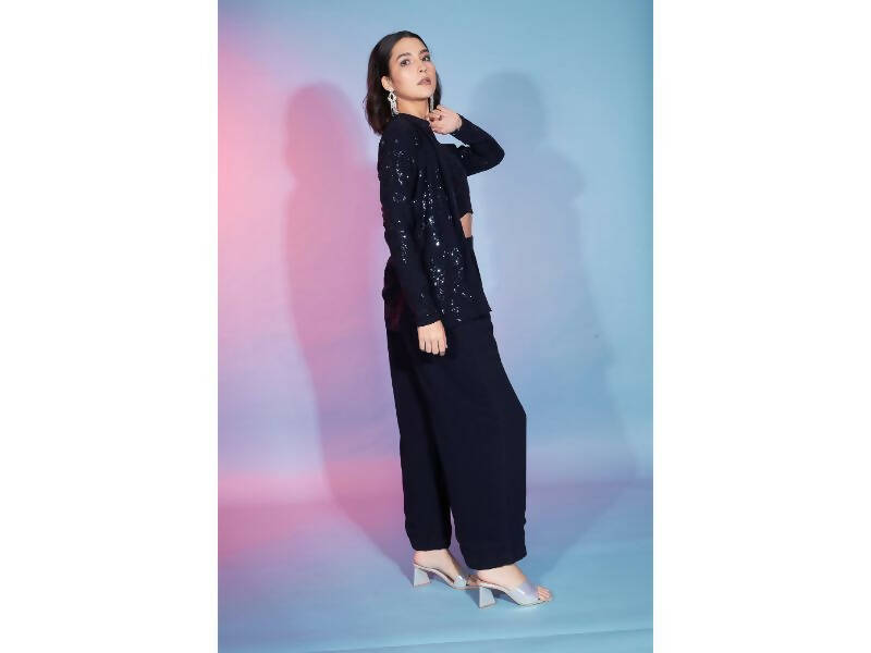 Navy Georgette Sequence With Thread Designer Co-Ord Set - Flory | Grocsy