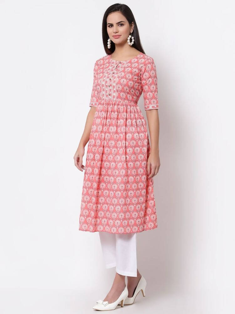 Myshka Women's Pink Printed 3/4 Sleeve Cotton Round Neck Dress | Grocsy