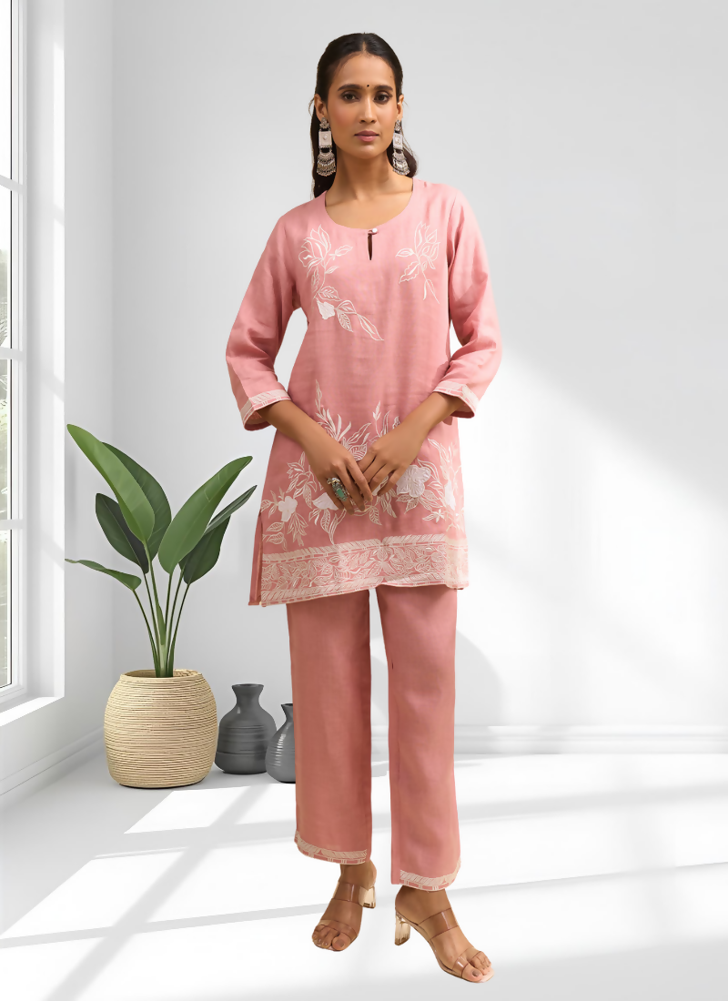 Joban Fashion Pink Linen Embroidered Readymade Cord Set | Grocsy
