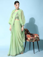 Green Fancy Pure Fabric Plain Ready to wear Saree with stitched Blouse - Vrinda | Grocsy