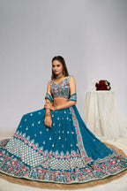 Teal Blue Georgette Thread Sequence Embroidery Work Lehnga Choli - Jihu Culture | Grocsy