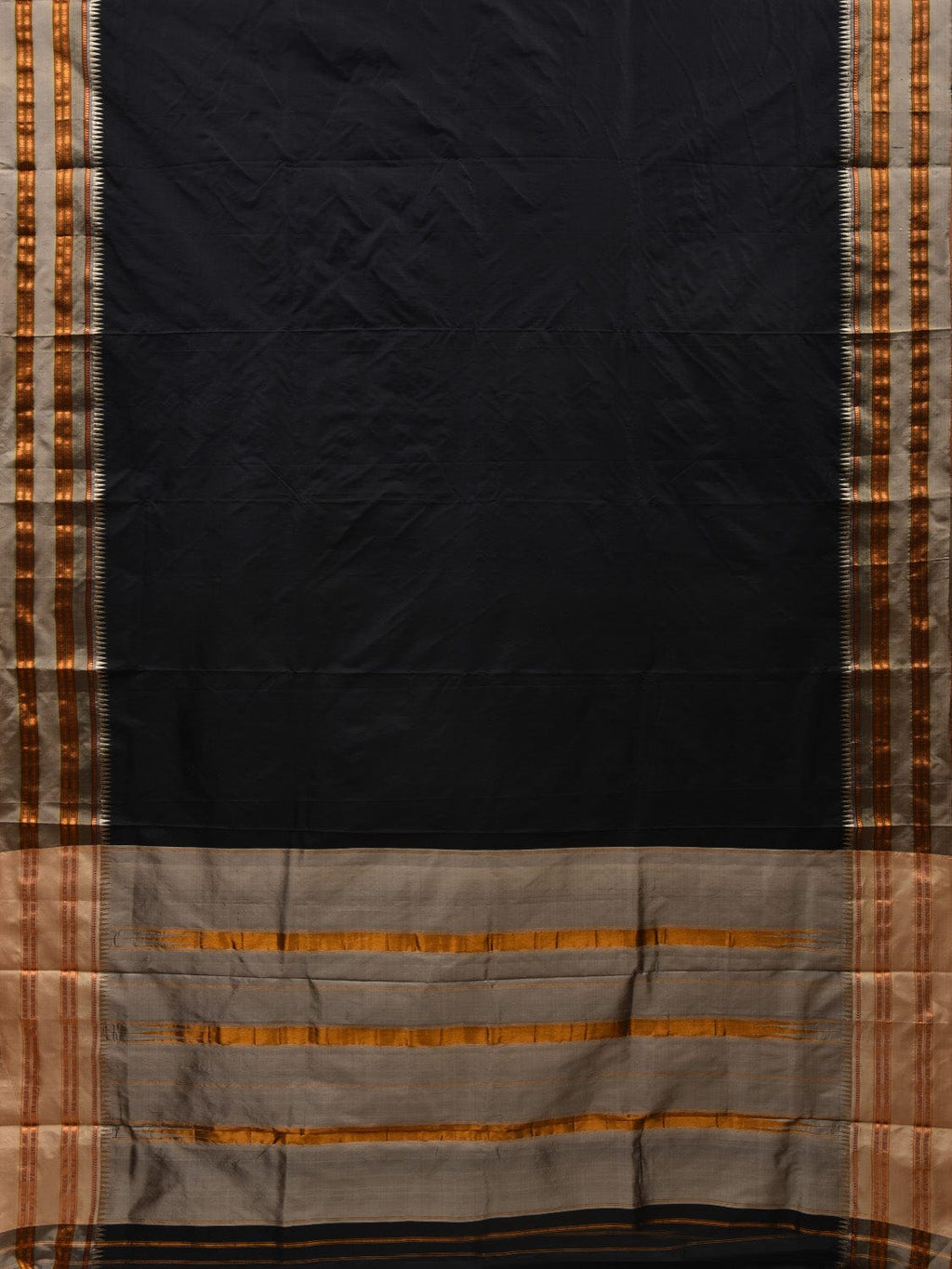 Black and Cream Narayanpet Silk Handloom Plain Saree with Traditional Border Design No Blouse - Global Threads | Grocsy