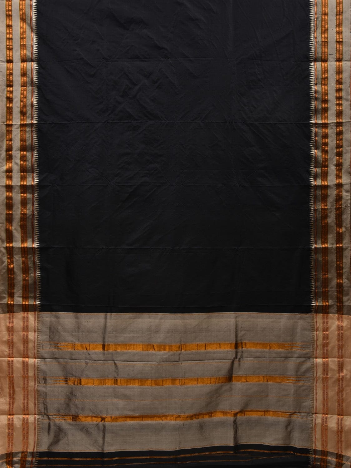 Black and Cream Narayanpet Silk Handloom Plain Saree with Traditional Border Design No Blouse - Global Threads | Grocsy