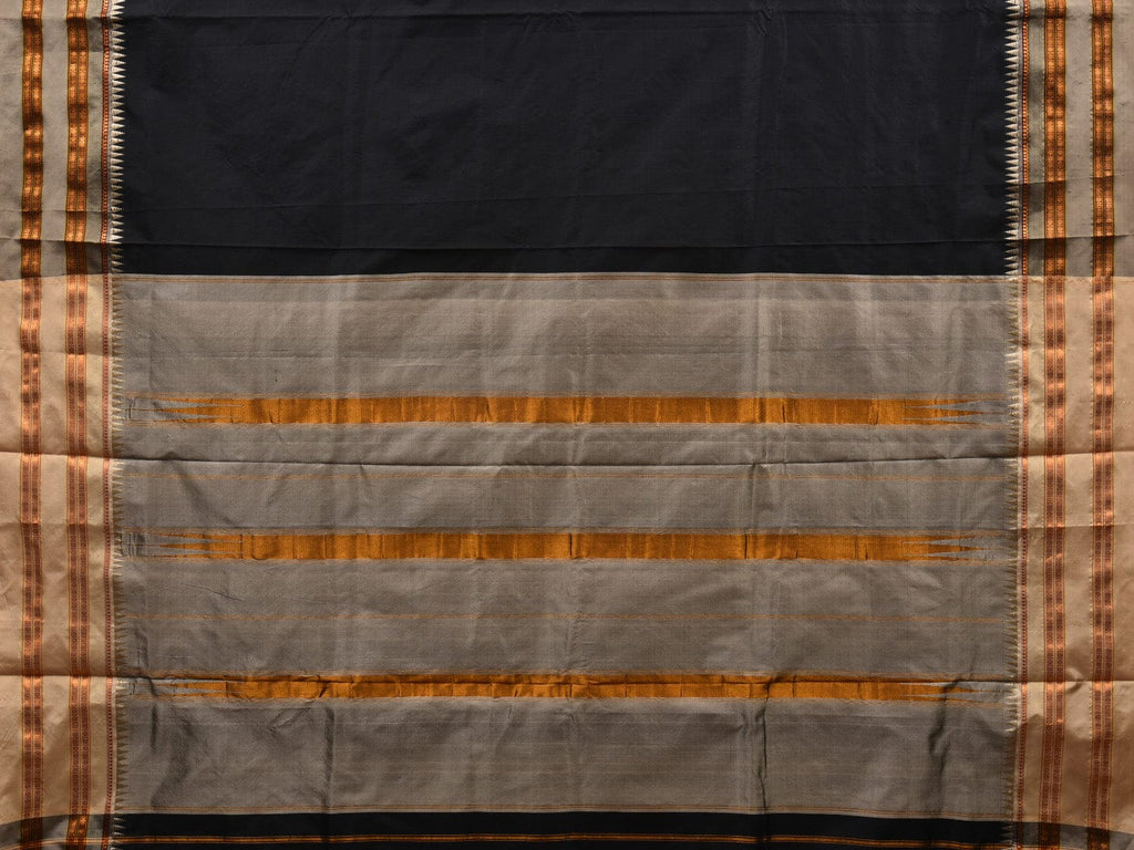 Black and Cream Narayanpet Silk Handloom Plain Saree with Traditional Border Design No Blouse - Global Threads | Grocsy