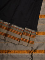 Black and Cream Narayanpet Silk Handloom Plain Saree with Traditional Border Design No Blouse - Global Threads | Grocsy