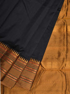 Black and Mustard Narayanpet Silk Handloom Plain Saree with Traditional Border Design No Blouse - Global Threads | Grocsy