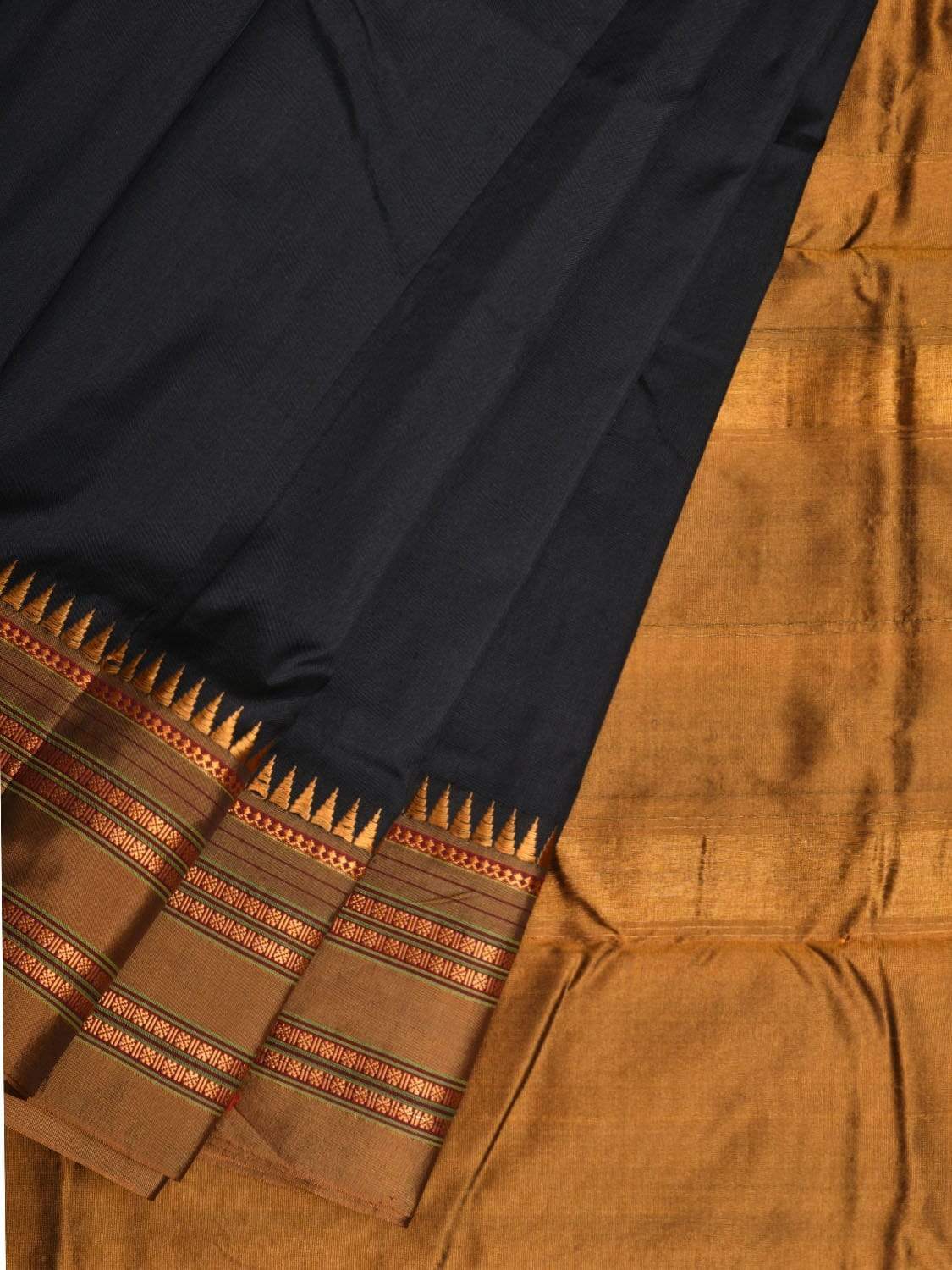 Black and Mustard Narayanpet Silk Handloom Plain Saree with Traditional Border Design No Blouse - Global Threads | Grocsy