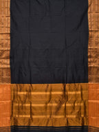 Black and Mustard Narayanpet Silk Handloom Plain Saree with Traditional Border Design No Blouse - Global Threads | Grocsy