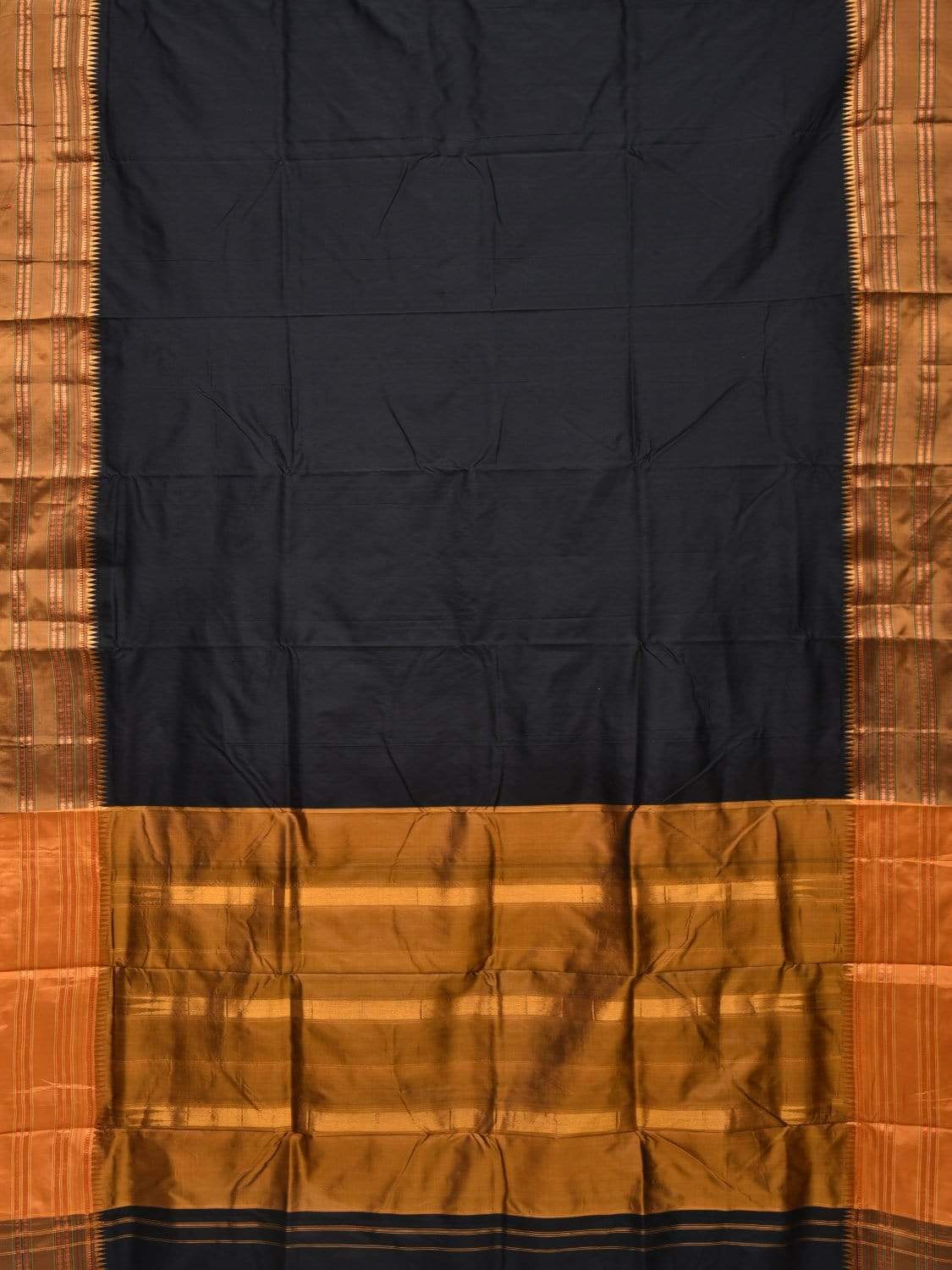 Black and Mustard Narayanpet Silk Handloom Plain Saree with Traditional Border Design No Blouse - Global Threads | Grocsy