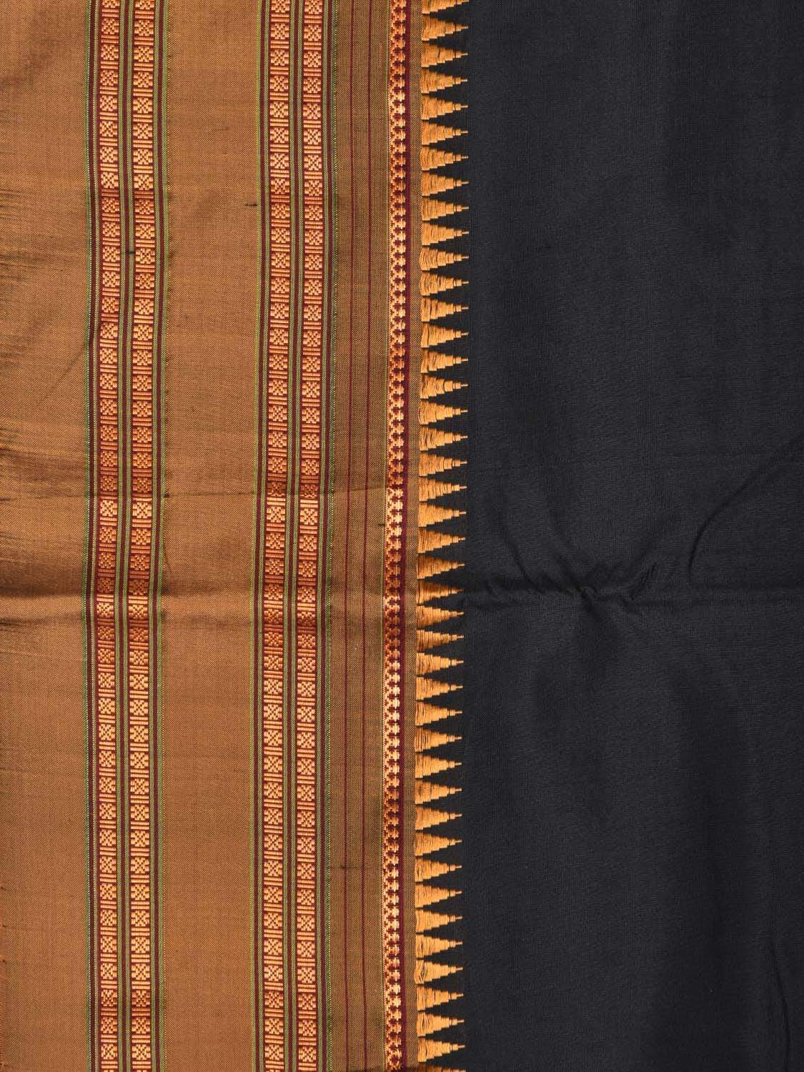 Black and Mustard Narayanpet Silk Handloom Plain Saree with Traditional Border Design No Blouse - Global Threads | Grocsy