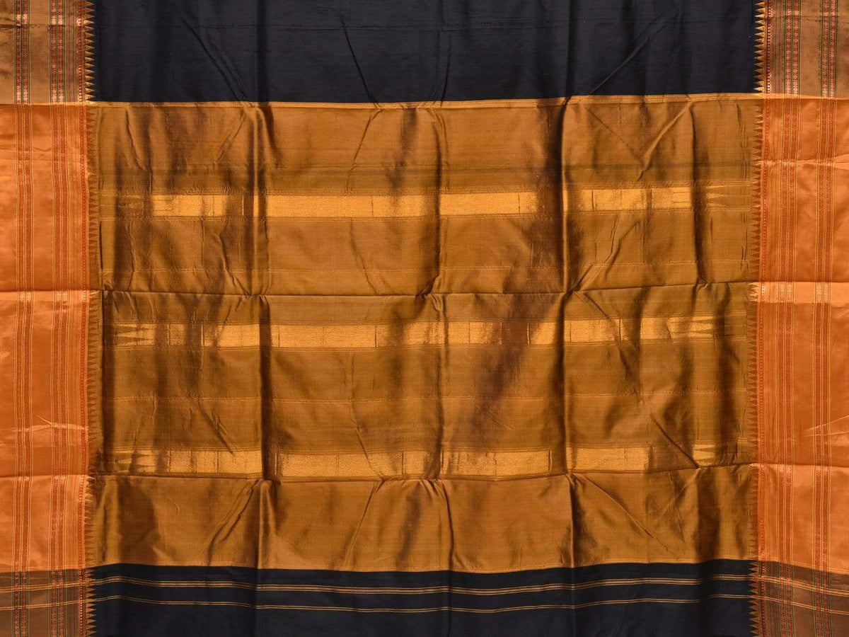 Black and Mustard Narayanpet Silk Handloom Plain Saree with Traditional Border Design No Blouse - Global Threads | Grocsy
